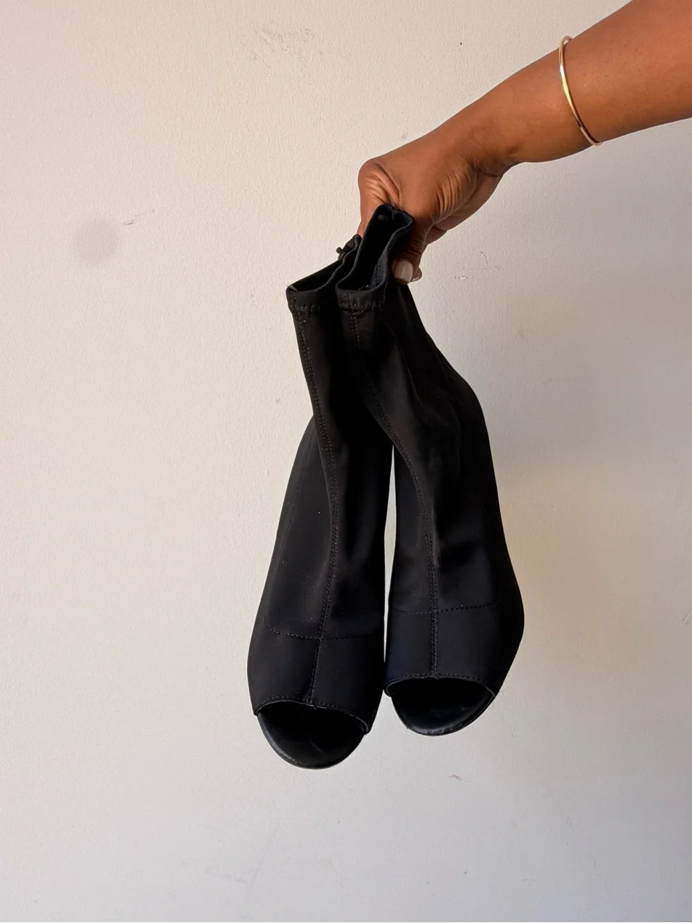 Black Peep-Toe Sock Boot with Clear Block Heel